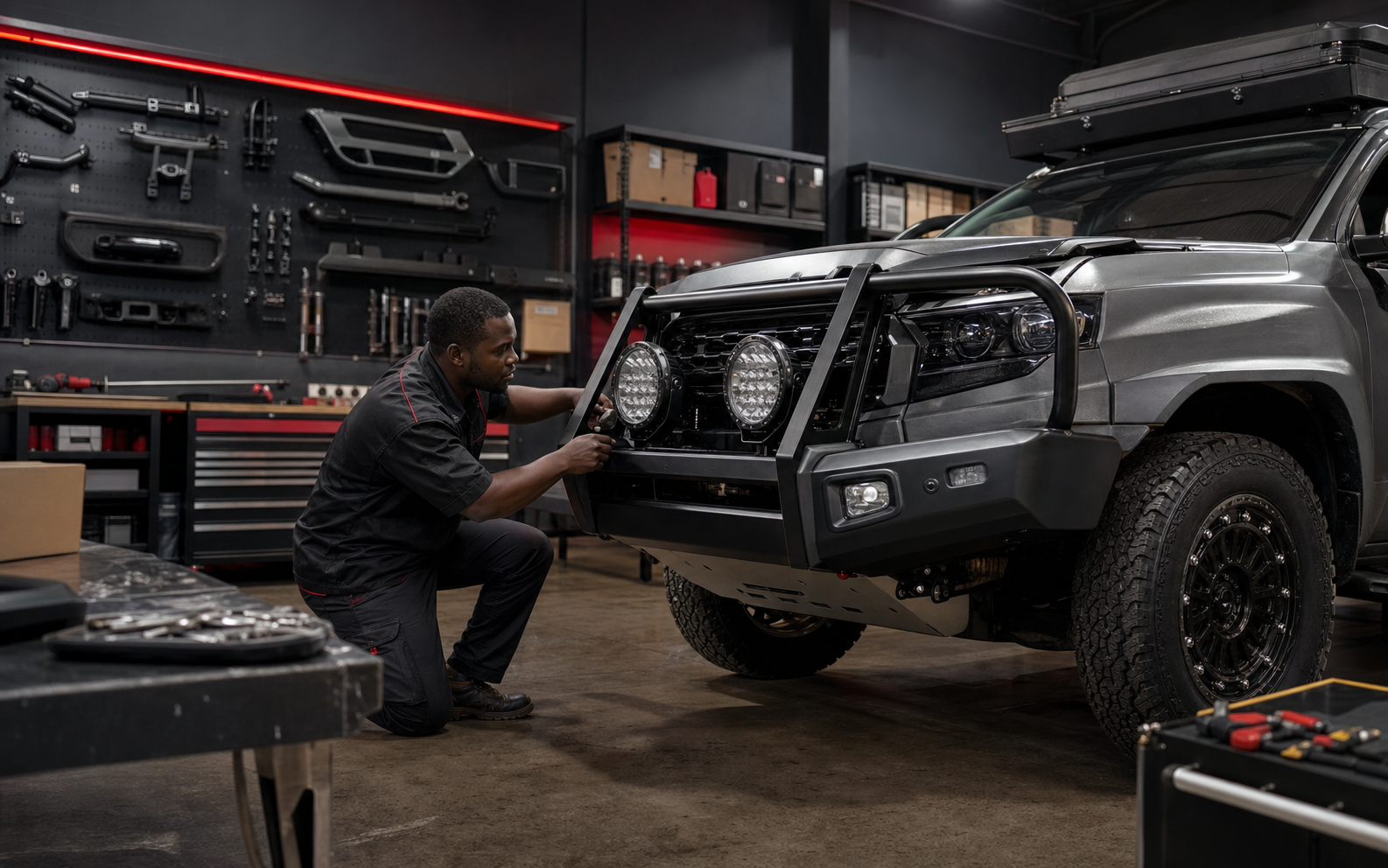 Technician fitting accessories to a 4x4 vehicle