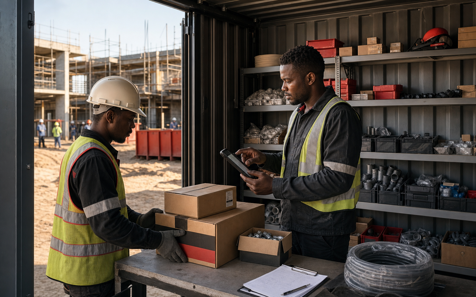 Construction team issuing materials from a controlled site store