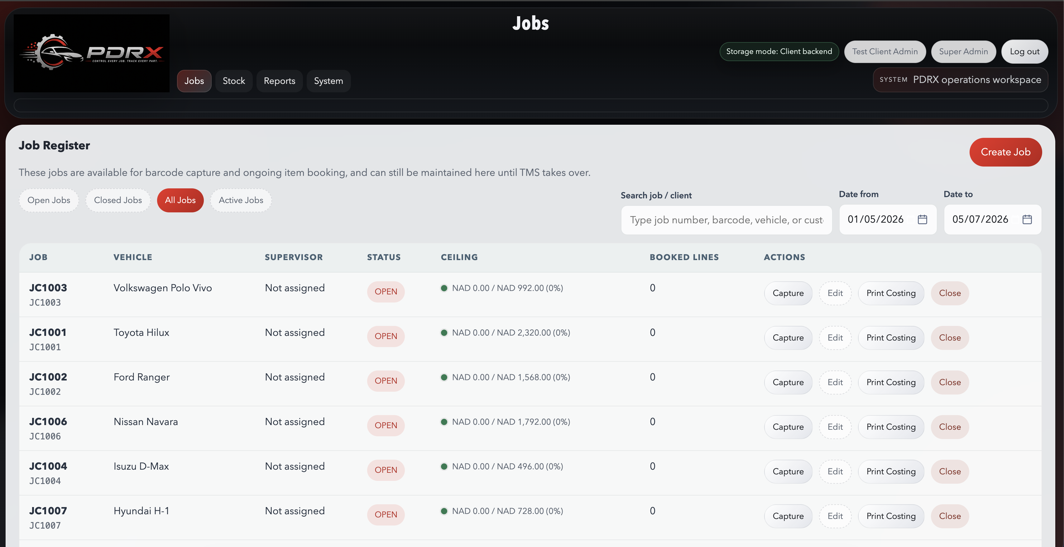 PDRX jobs register showing job status and costing ceilings